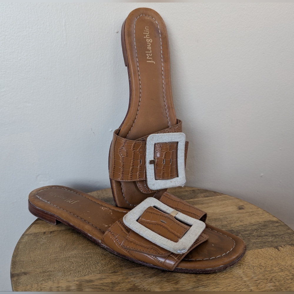 J. McLaughlin Bella Linen Slide Sandals, Buckle, White & Brown/Tan (SIZE 10)